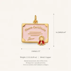 Elegant pink enamel certificate charm pendant in copper for DIY jewelry making 19mm