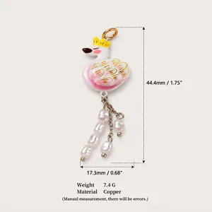 Handmade elegant copper swan pendant with yellow crown and pearl drops for DIY jewelry