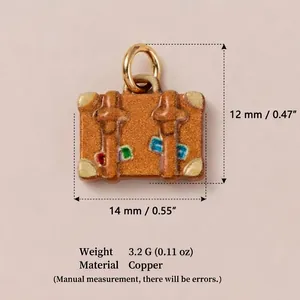 Vintage suitcase charm in copper finish with dimension markings for DIY jewelry design