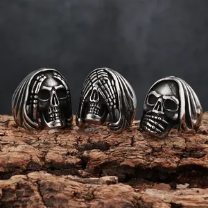 Vintage Grim Reaper Skull Stainless Steel Ring For Men Gothic Punk Dark Style Antique Finish Wide Band Ghost Head Finger Ring