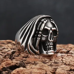 Detailed view of a vintage gothic Grim Reaper skull ring made of titanium steel for men's punk style.