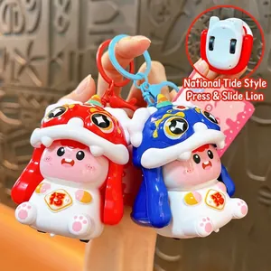 Chinese Stijl Leeuwendans Druk en Glij Sleutelhanger Schattige Cartoon Stressverlichting Tas Hanger Cadeau