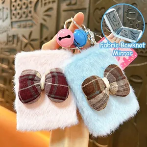 Creative Plush Bow Folding Mirror Keychain Cute Faux Fur Portable Makeup Mirror Bag Pendant For Women Girls Daily Accessory