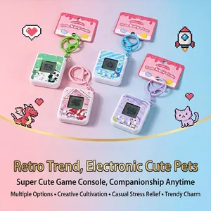 Four retro handheld electronic pet game machine keychains in colorful pixel art themes