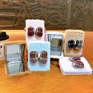 Adorable plush bow portable makeup mirror keychain and exquisite bag charm accessory