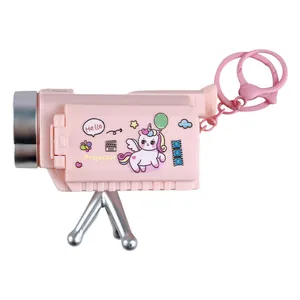 Cute pink cartoon unicorn projector camera keychain with silver mini tripod stand toy