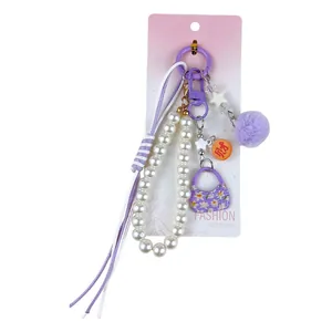 Lindo llavero de bolso con cuentas con pompón morado y dije de perlas falsas