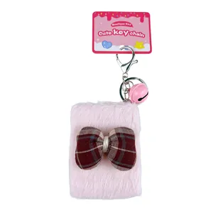 Cute portable pink plush makeup mirror keychain with plaid bow and bell for bags