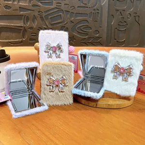 Cute plush bow folding makeup mirror keychain charm for bags in assorted pastel colors