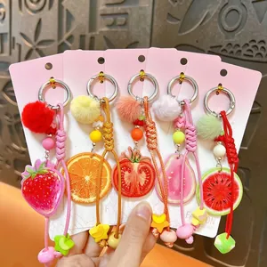 Porte-clés Créatif en Acrylique Tranche de Fruit Réaliste Avec Pompon Corde Tissée à la Main Fraise Orange Pastèque Pendentif de Sac
