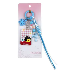 Creative cute black cat acrylic keychain and blue floral bag charm for fashion accessories
