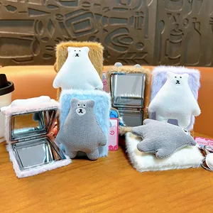 Adorable plush bear folding pocket mirror keychain available in various pastel colors gift