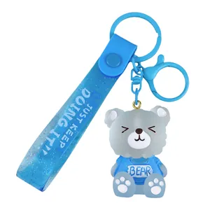 Cute blue bear keychain with translucent glitter strap for bags and car keys decoration