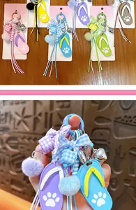 Cute colorful flip-flop bag charms with checkered bows and fluffy pom-poms for girls