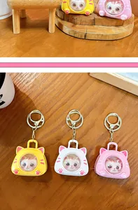 Three cute cat space capsule keychains in yellow, white, and pink colors for gifts