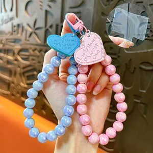 DIY Candy Color AB Rainbow Beaded Phone Charm Heart Pendant Keychain For Women Girls Fashion Bag Hanging Accessory