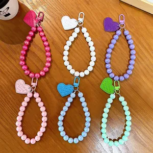 Colorful candy-colored AB beaded phone wristlet straps with heart charms and metal clasps