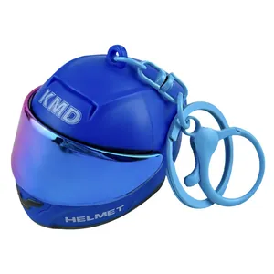 Portachiavi creativo a forma di casco da moto blu con visiera iridescente lucida