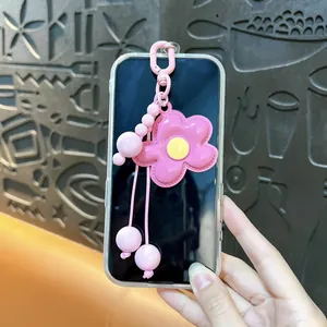 Ciondolo per telefono a forma di fiore rosa creativo con cordino di perline e clip in lega