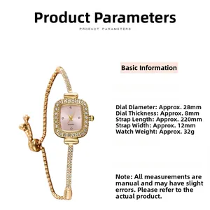 Detaillierte Spezifikationen für eine quadratische Strass-Armbanduhr mit Kordelzug.
