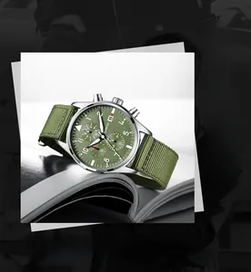 Close-up detail of OCHSTIN men's military pilot watch with olive green nylon strap
