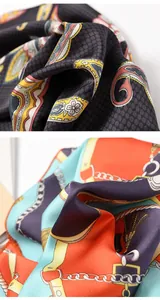 Detailansicht luxuriöser Seidenquadrattücher mit Paisley- und Kettenmustern.