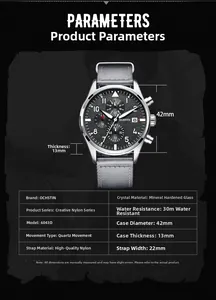Detailed view of OCHSTIN men's multifunctional quartz watch with gray nylon strap