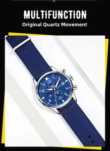 Detail view of OCHSTIN men's multifunction watch with blue nylon strap and quartz movement.