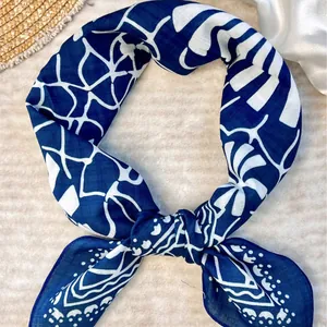 Navy blue cotton square scarf with white abstract pattern, 53cm versatile cotton bandana.