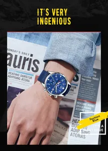 Close-up of OCHSTIN men's quartz wristwatch with blue dial and nylon strap worn on wrist.