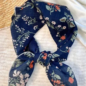 Vintage floral navy blue cotton square scarf 53cm with elegant pastoral print style
