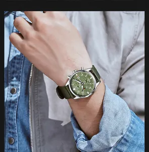 Close-up detail of a men's quartz watch featuring a green dial and olive nylon strap.
