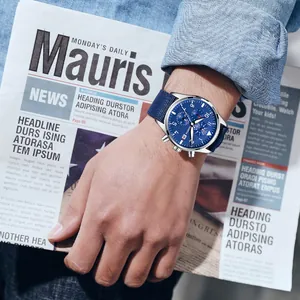 Classic men's blue multifunctional quartz watch with a durable blue nylon strap on wrist