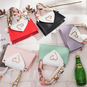 Women Fashion Mini Square Bag Heart Buckle Color Block Shoulder Bag With Scarf Decoration Urban Minimalist PVC Crossbody Bag
