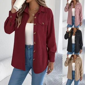 Detailed view of oversized corduroy shirt jackets for women in multiple solid colors.
