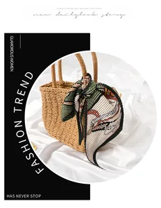 Detailed macro view of a vintage pleated small scarf tied on a woven straw handbag
