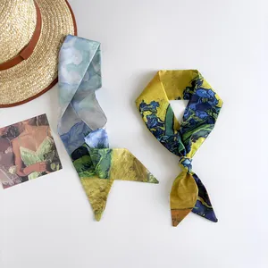 Artistic Van Gogh series oil painting narrow silk scarves for hair or bag handle decoration