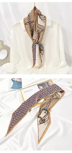 Detail view of a pleated skinny silk scarf featuring an artistic horse print on white satin
