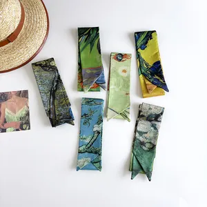 Collection of Van Gogh oil painting style narrow silk scarves for hair and bag handle decoration