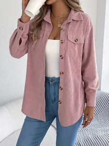 Elegant pink corduroy long sleeve button-down shirt jacket with pockets for women