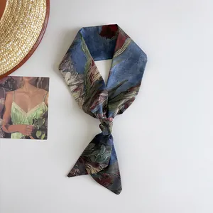 Detail view of artistic skinny scarf featuring Van Gogh style oil painting print