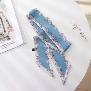 Vintage blue floral skinny silk scarf for hair, elegant chiffon neck tie accessory