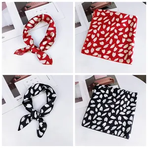 Elegant heart pattern printed square silk scarves in red and black color variants