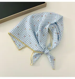Light blue checkered cotton linen scarf with cherry print and yellow hem detailing