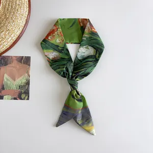 Close-up of artistic Van Gogh oil painting pattern on narrow silk twilly hair ribbon