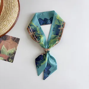 Detailed view of narrow silk scarf with Van Gogh style oil painting landscape print