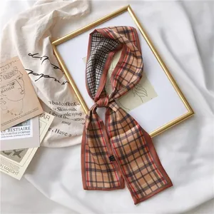 Vintage brown check skinny silk scarf for women, French style hair ribbon detail