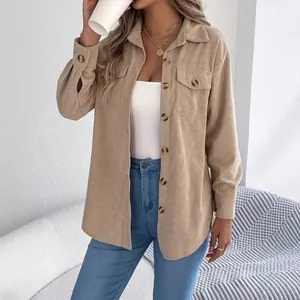 Elegant khaki single-breasted long sleeve corduroy jacket for women