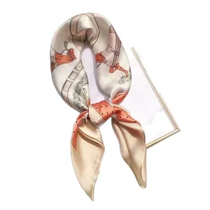 Elegant square silk scarf featuring a vintage horse and carriage print for women fashion