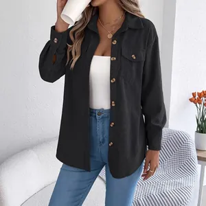 Elegant black corduroy button-down long-sleeve shirt jacket for women